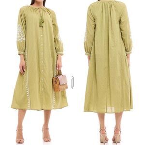 Zara green embroidered midi dress boho peasant style women’s size‎ xs